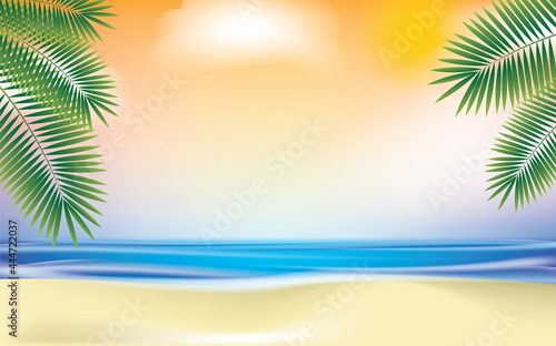 Summer Holiday Illustration with Green Plants, Blue Ocean and Sky Background. Summer Vector Design for Banner, Flyer, Invitation, Brochure © ywouz