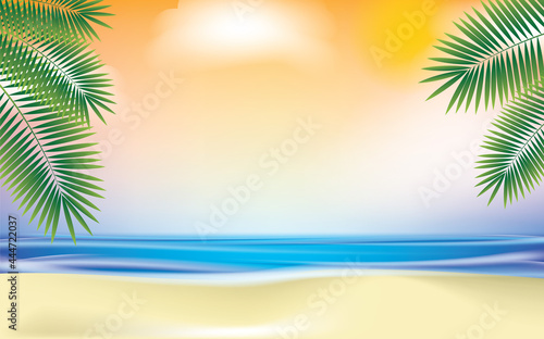 Summer Holiday Illustration with Green Plants, Blue Ocean and Sky Background. Summer Vector Design for Banner, Flyer, Invitation, Brochure