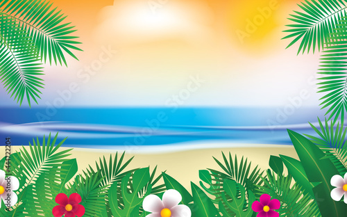 Summer Holiday Illustration with Green Plants, Blue Ocean and Sky Background. Summer Vector Design for Banner, Flyer, Invitation, Brochure