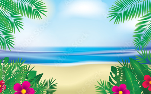 Summer Holiday Illustration with Green Plants  Blue Ocean and Sky Background. Summer Vector Design for Banner  Flyer  Invitation  Brochure