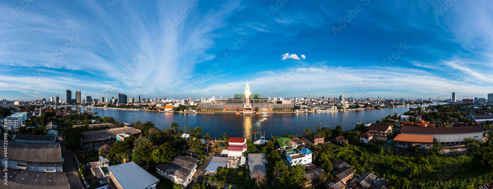 Panoramic Bangkok skyline with new Thailand parliament, Sappaya Sapasathan (The Parliament of Thailand), Aerial view National Assembly with a golden pagoda on the Chao Phraya River in Bangkok. 