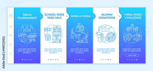 Fundraising appeal ideas onboarding vector template. Responsive mobile website with icons. Web page walkthrough 5 step screens. Viral video challenge color concept with linear illustrations