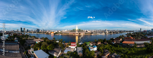 Panoramic Bangkok skyline with new Thailand parliament, Sappaya Sapasathan (The Parliament of Thailand), Aerial view National Assembly with a golden pagoda on the Chao Phraya River in Bangkok. 