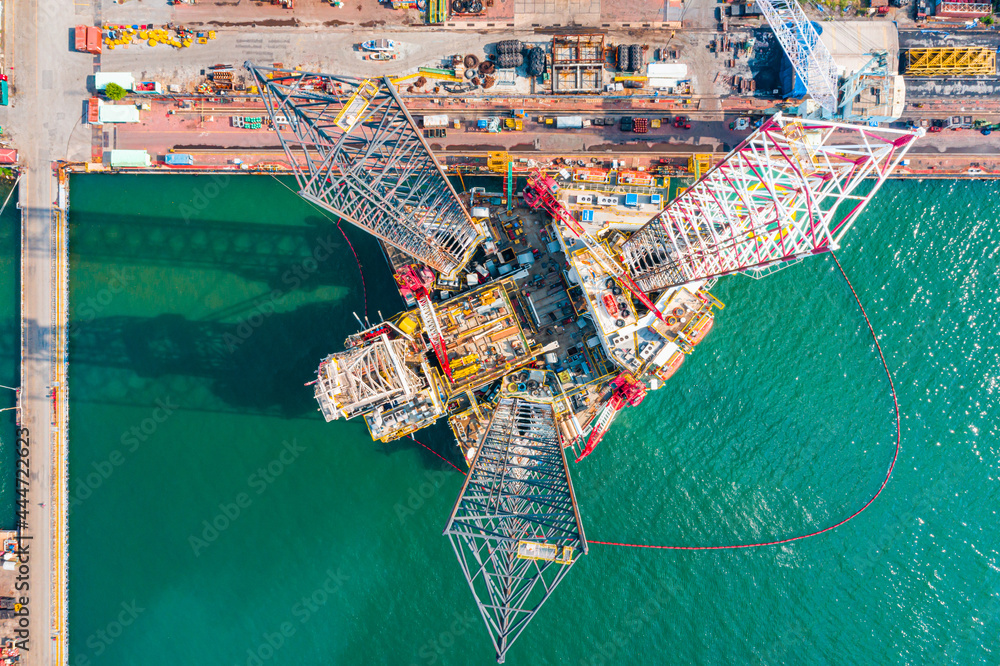 Oil Drilling Rig top view, Aerial view of jack up rig with plant maintenance services