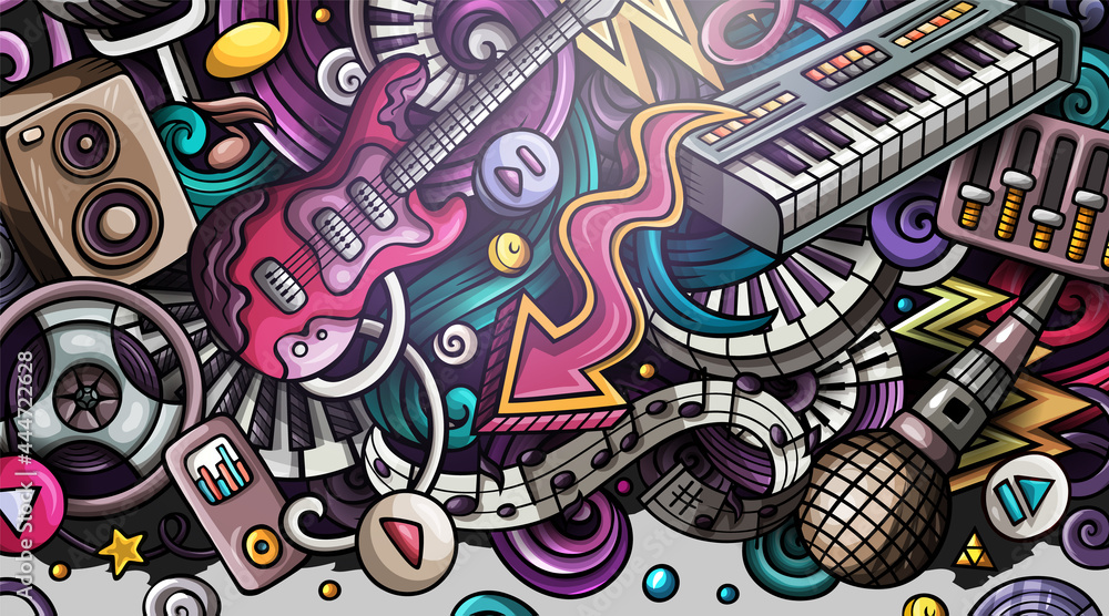 Obraz premium Disco Music hand drawn doodle banner. Cartoon vector detailed flyer.