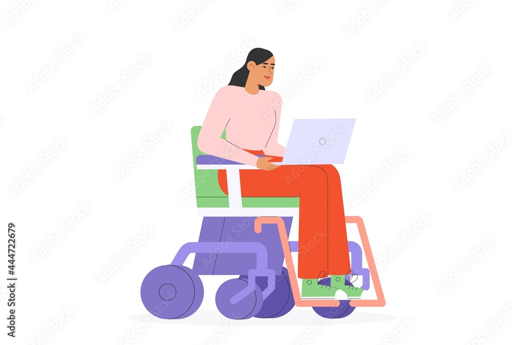 Flat vector illustration with young woman working at laptop in a wheelchair. Concept of disabled people employment. 