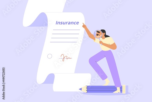 Concept of medical insurance. Young female character is holding a magnifying glass and reading contract. Flat vector illustration.