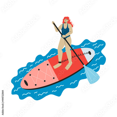 A young woman standing on a sup board with paddle. Sup boarding outdoor activity. Flat vector  illustration.
