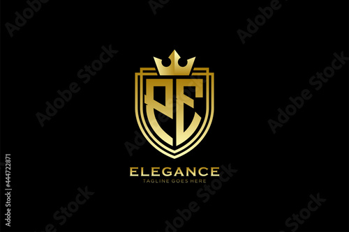 initial PE elegant luxury monogram logo or badge template with scrolls and royal crown - perfect for luxurious branding projects