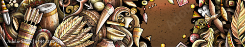 Native American hand drawn doodle banner. Cartoon vector detailed flyer. Illustration with ethnicobjects and symbols. Colorful horizontal background