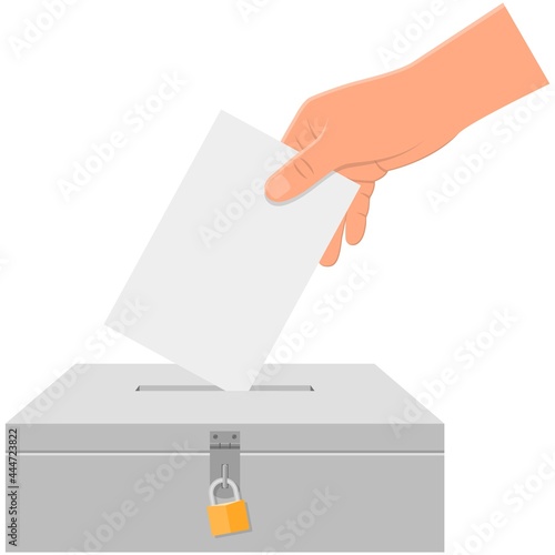 Vote box and ballot hand with paper vector icon