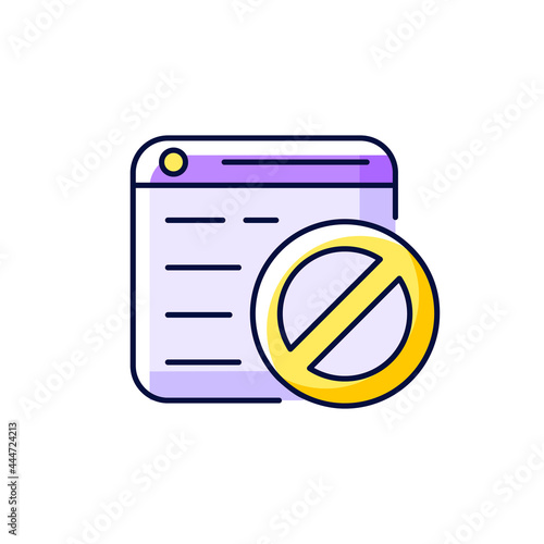 Website blocking purple RGB color icon. Isolated vector illustration. Restricting access to site resources. Internet censorship. Block obscene content. Unwanted info removal simple filled line drawing