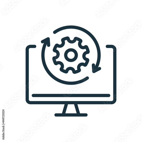 Upgrade of Software Line Icon. Computer System Update Linear Pictogram. Download Process Icon. Progress of Upgrade. Editable stroke. Vector Illustration