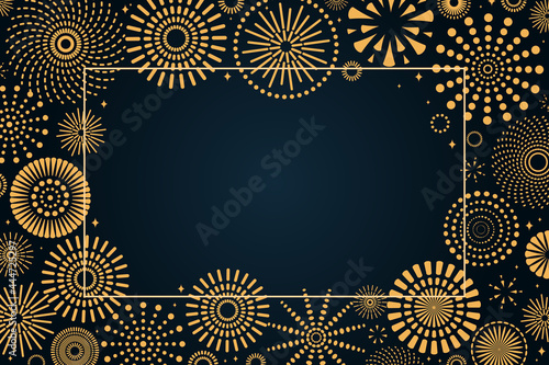 Golden fireworks frame, bright on dark background, with copy space. Flat style vector illustration. Abstract geometric design. Concept for New Year, birthday greeting card, poster, banner, flyer.