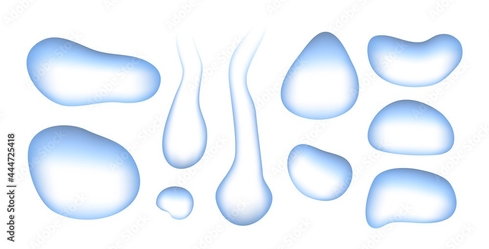 Diverse simple water shapes. Abstract blue drops, floating and falling drip. Modern liquid shape, isolated decorative dropped vector elements Diverse simple water shapes. Abstract blue drops, floating and falling drip. Modern liquid shape, isolated decorative dropped vector elements