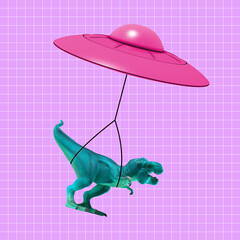 Contemporary art collage, modern design. Modern express delivery. Pink flying saucer delivering toy dinosaur.