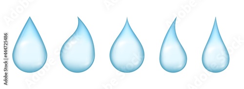 Water drops. Blue moisture drop icons. Realistic pure drip, falling aqua elements. Clear droplet, dripping raindrop vector set