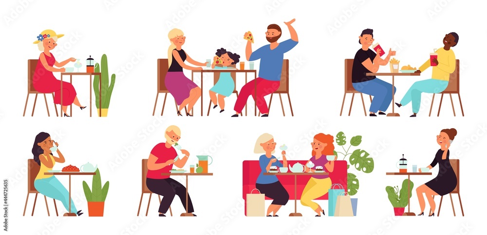 Fototapeta premium Meeting in restaurant. Coworkers dinner, work lunch cafe. Couple meeting and drink coffee or tea. Business people eat, family eating decent vector set