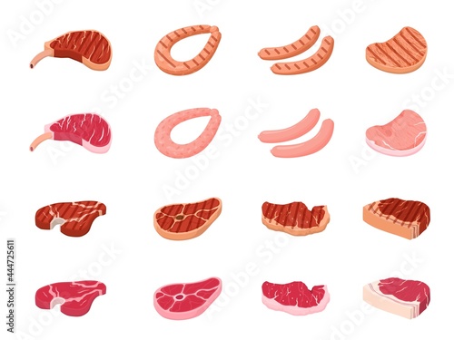 Fried meat. Flat cooking beef, fresh raw sirloin and bbq steak on dinner. Pork steaks and sausages, delicious meats food recent vector icons