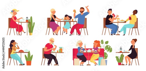 Meeting in restaurant. Coworkers dinner, work lunch cafe. Couple meeting and drink coffee or tea. Business people eat, family eating decent vector set