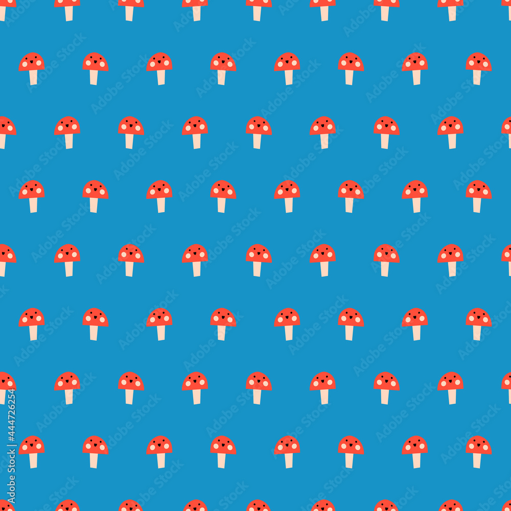 Cute mushroom Seamless kids vector repeat pattern fungi smiling toadstool. Abstract simple mushrooms repeating background blue red. Surface pattern design for fabric, kids wear, children decor, baby. Cute mushroom Seamless kids vector repeat pattern fungi smiling toadstool. Abstract simple mushrooms repeating background blue red. Surface pattern design for fabric, kids wear, children decor, baby.