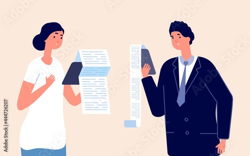 People with check. Confused businessman, woman holding long payment list. Cartoon sad accounting male female vector characters