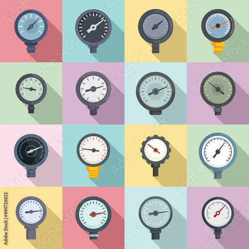 Manometer icons set flat vector. Pressure gauge