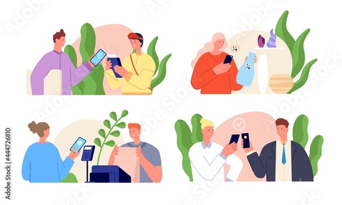 People and cashless payments. Modern flat man woman with debit card, isolated men pays contactless. Paying services transaction utter vector set