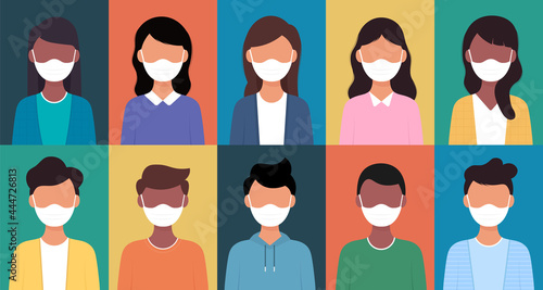 Set of man and woman wearing medical mask in flat illustration style.