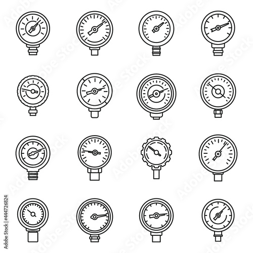 Gauge manometer icons set outline vector. Pressure meter