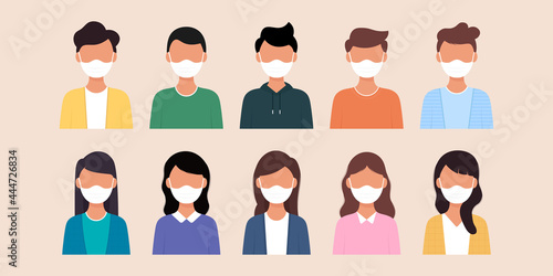 Set of man and woman wearing medical mask in flat illustration style.