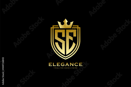 initial SE elegant luxury monogram logo or badge template with scrolls and royal crown - perfect for luxurious branding projects
