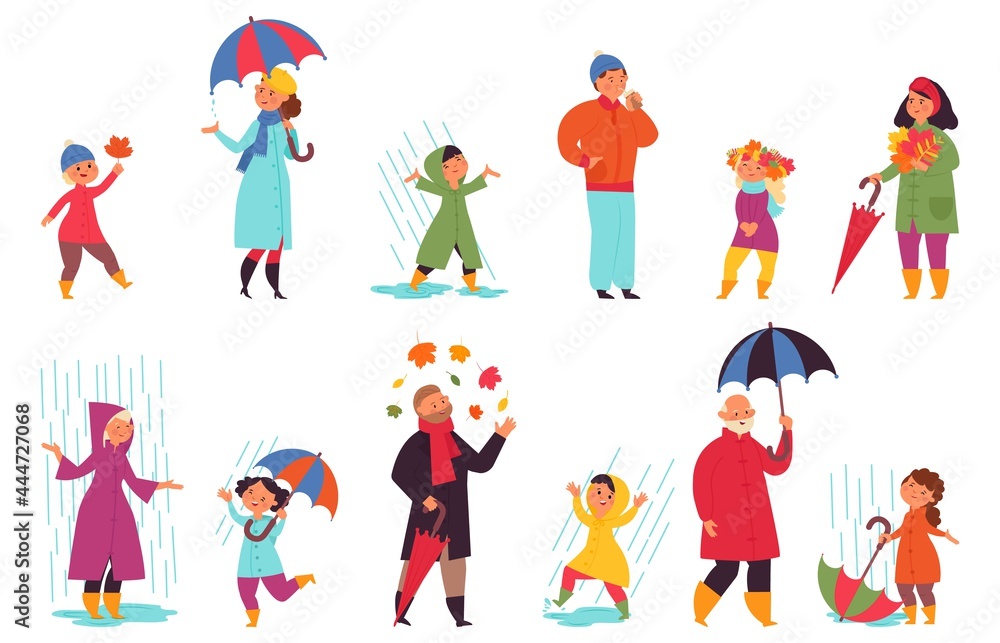 People in autumn. Park walking, fun men wear outdoor cloth. Urban fall season characters, person with umbrella and colorful leaves decent vector set