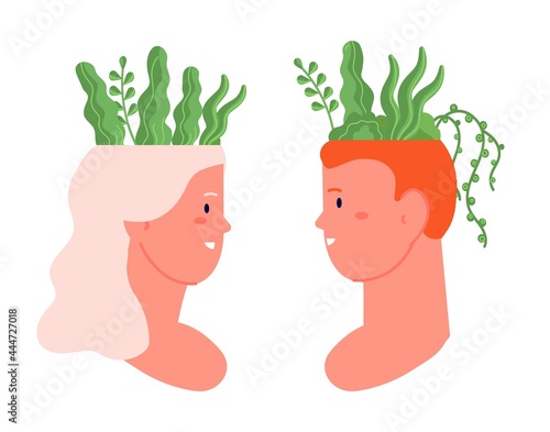 Mind health concept. Flower therapy, female male brain relax. Happy idea birth, plants in human head. Mental wellbeing utter vector metaphor