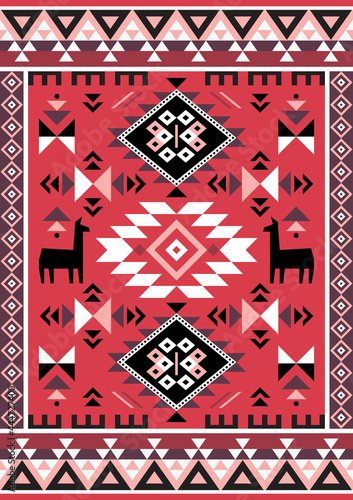 Geometric tribal vector rectangle pattern with lama, abstract shapes styled as Peruvian carpet, Aztec textile or fabric print 2x3 format 
