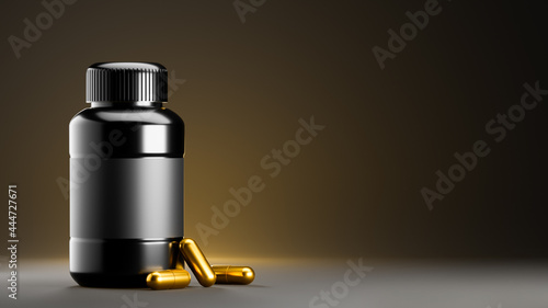 3D rendering of a pill bottle on black background with pills