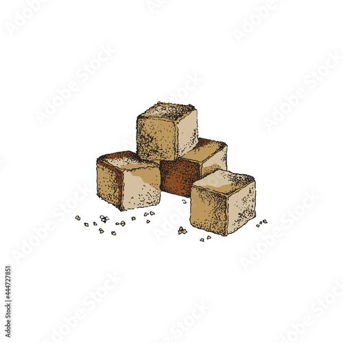 Pile of sugar cubes, hand drawn engraving vintage vector illustration isolated.