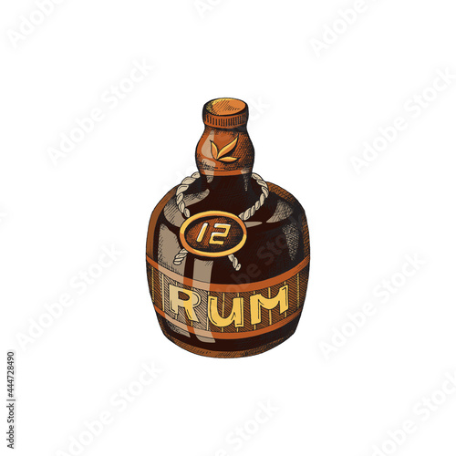Vintage brown rum bottle with label, engraving vector illustration isolated.