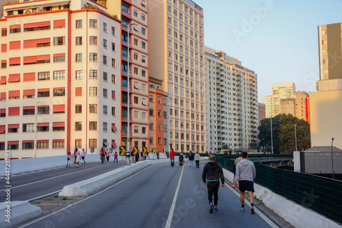 citizens walk the viaduct known as Elevated highway Minhocao  or Elevado Presidente Joao Goulart  in Sao Paulo downtown  Brazil