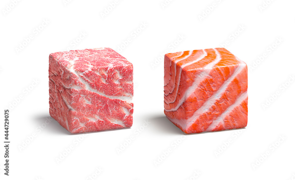 Blank meat and fish cube mockup, isolated Blank meat and fish cube mockup, isolated