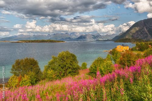 Beautiful summer Norwegian landscape with a lake, with a yellow house and mountains