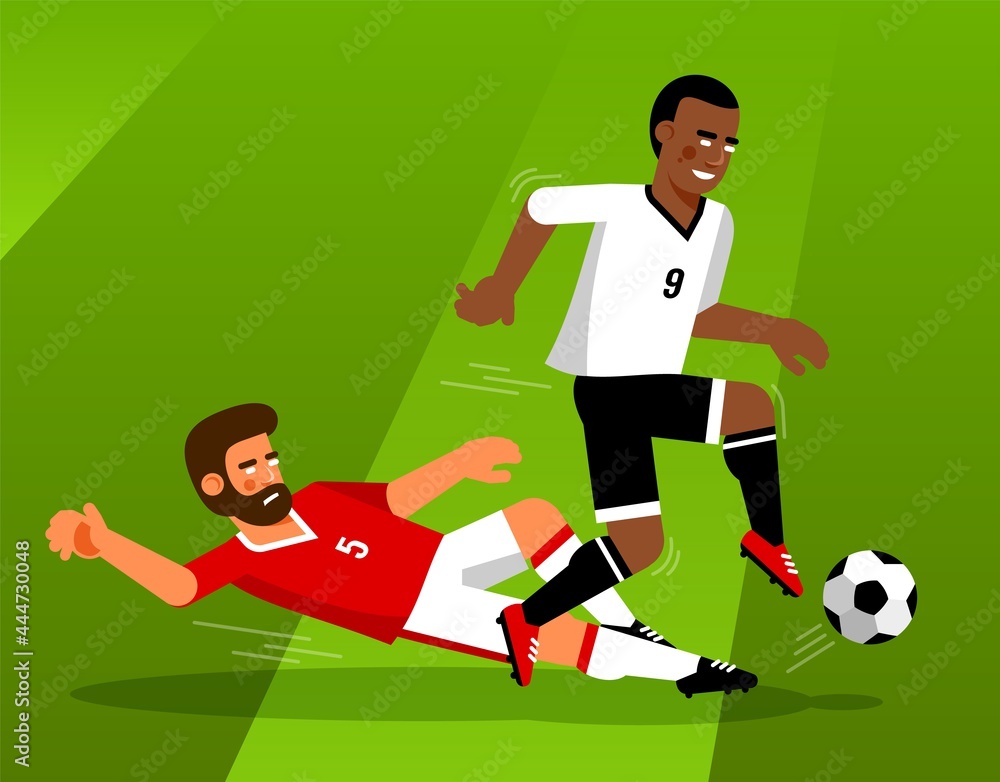 Football players fight for the ball. Football players - tackle in the game. Vector illustration. Football players fight for the ball. Football players - tackle in the game. Vector illustration.