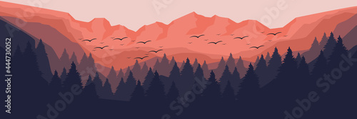 sunset in mountain landscape flat design vector illustration for background, wallpaper, backdrop, design template, tourism design template and wallpaper design template