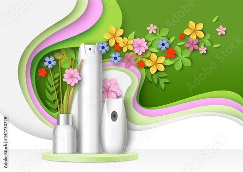 Air freshener packaging bottle, aroma stick mockup set on podium, paper cut floral background, vector illustration.