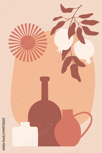Boho bottle, vase and berry pattern background. Minimalist boho print for design nursery poster, food shop wall art, t shirt print etc.