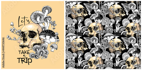 Collection of print and seamless pattern. Monochrome Magic Psychedelic Mushrooms and skulls. Humor textile composition, hand drawn style print. Vector illustration.