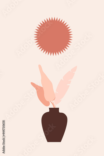 Plant branch in vase and simple sun shape. Minimalist boho style pattern background artwork.