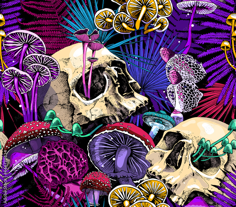 Seamless wallpaper pattern. Bright Magic Psychedelic Mushrooms and