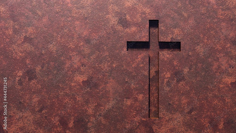 Concept or conceptual cross on a rusted corroded metal or steel sheet ...