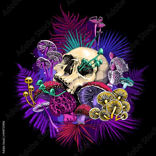 Bright Magic Psychedelic Mushrooms and skull. Humor card, T-shirt composition, hand drawn style print. Vector illustration.